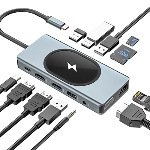 USB C Docking Station, Wireless Charging 12 in 1 USB C Hub Dual HDMI Multiport Adapter Triple Display with Dual 4k HDMI, VAG, 3*USB3.0(10Gbps), USB2.0, 1000M Ethernet, 100W PD, TF/SD, Audio von PWAY