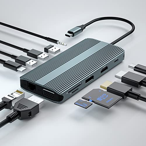 USB C Dockingstation, 12 in 1 USB C Hub, Dual HDMI Multiport Adapter, Dreifach Display, unterstützt 4K HDMI, VAG, DP, 2 x USB 3.0 (5 Gbit/s), USB 2.0, Typ C, 100 W PD, TF/SD, Audio von PWAY