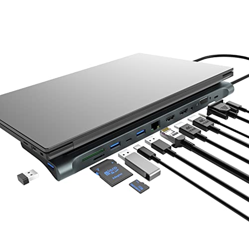 USB-C-Dockingstation, 12-in-1 USB-C-Hub, Dreifach-Monitor Typ C auf 2 HDMI + VGA-Adapter, Laptop-Dockingstation, erweitertes Display, Multiport, USB 3.0, SD/TF-Audio für Dell, Surface, HP, Lenovo von PWAYTEK