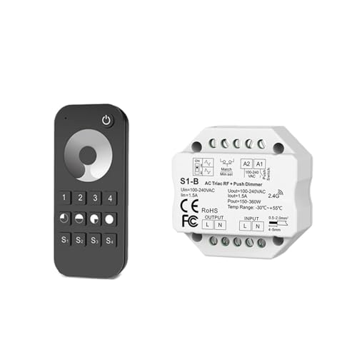 2,4 G AC Triac LED-Dimm-Controller, 110 V, 220 V, 230 V, Knopfschalter, kabellos, 1/4 Zonen-RF-Fernbedienung, monochrome Beleuchtung (Color : S1 B and RT6) von PWJFEIAVN