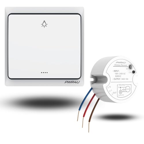 PWR4U Funk lichtschalter – Batterieloser 1 taste Schalter mit Empfänger - Wasserdicht - Wandschalter mit Befestigungsmitteln - Fernbedienung bis zu 200m - Sparen Sie Kabel und Installationsrohre von PWR4U