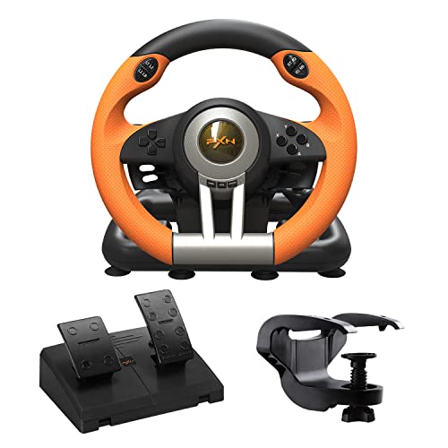 PXN V3 PRO Gaming Lenkrad mit Pedalen, 180° Lenkräder mit Vibrations Feedback, Rennschaltwippen, PC Lenkrad, Lenkrad für PS4, PC, PS3, Xbox One, Xbox Series X/S, Switch -Orange von PXN