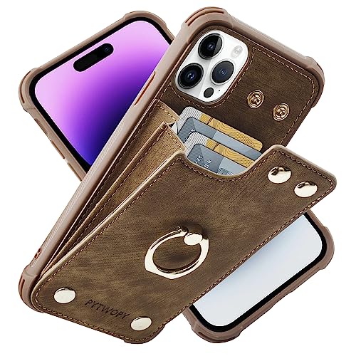 PYTWOPY Schutzhülle für iPhone 14 Pro Max 17 cm (6,7 Zoll), mit Kreditkartenhalter, stoßfeste Schutzhülle, unterstützt 360° drehbaren Ringständer und RFID-Blockierung, Braun von PYTWOPY