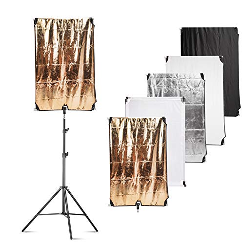 Reflektor-Set mit Flaggen-Panel 80x100cm, 5-in-1 Fotografie-Beleuchtungsreflektor mit 250cm Lichtstad und Tragetasche, weiß, gold, schwarz, silber und lichtdurchlässiger Diffusor für Fotostudio von PYXEL STUDIO