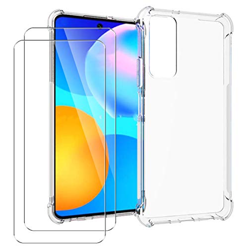 PZEMIN Case für Huawei P smart 2021 Hülle - [Airbag Mit Vier Ecken] Transparent Silikon Durchsichtige Schutzhülle TPU Schale Cover Bumper + 2X Gehärtetem Glas Film Displayschutz Schutzfolien von PZEMIN