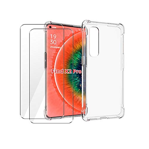 PZEMIN Case für Oppo Find X2 Pro Hülle - [Airbag Mit Vier Ecken] Transparent Silikon Durchsichtige Schutzhülle TPU Schale Cover Bumper + 2X Gehärtetem Glas Film Displayschutz Schutzfolien von PZEMIN