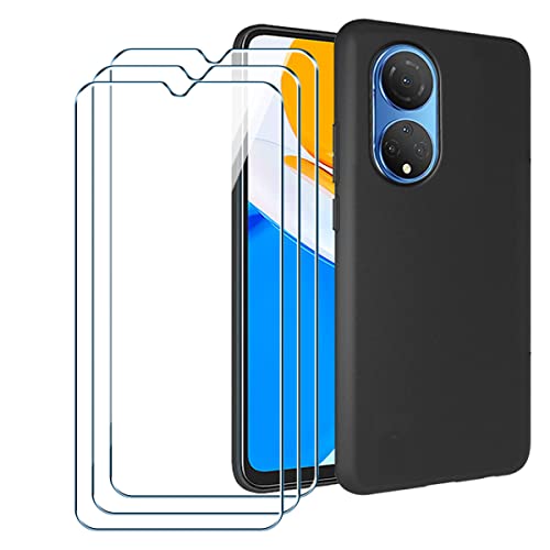 PZEMIN Handyhülle für Honor X7 Hülle + 3X Gehärtetem Glas Filmschutz Schutzfolien - Silikon Soft Schwarz Fall TPU Leichte Protection Case Cover (6.74") von PZEMIN