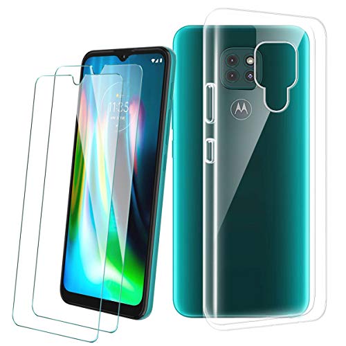 PZEMIN Handyhülle für Motorola Moto G9 Play/Moto E7 Plus Hülle + 2X Gehärtetem Glas Filmschutz Schutzfolien - Silikon Soft Transparent Fall TPU Leichte Protection Case Cover (6.5", Clear) von PZEMIN