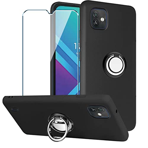 PZEMIN Handyhülle für Wiko Y82 Hülle + Gehärtetem Glas Filmschutz Schutzfolien + Handy Ring - Silikon Soft Schwarz Fall TPU Leichte Protection Case Cover (6.10") von PZEMIN