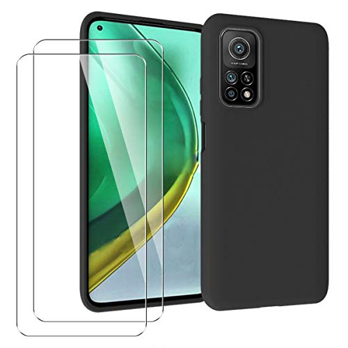 PZEMIN Handyhülle für Xiaomi Mi 10T Pro 5G Hülle + 2X Gehärtetem Glas Filmschutz Schutzfolien - Silikon Soft Schwarz Fall TPU Leichte Protection Case Cover (6.67") von PZEMIN