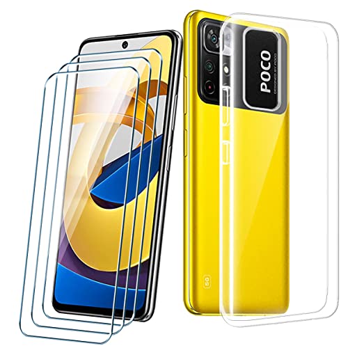 PZEMIN Handyhülle für Xiaomi Poco M4 Pro 5G Hülle + 3X Gehärtetem Glas Filmschutz Schutzfolien - Silikon Soft Transparent Fall TPU Leichte Protection Case Cover (6.6", Clear) von PZEMIN