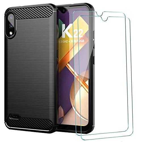 PZEMIN Hülle für LG K22 Silikon TPU Cover Bumper Kohlefaser Soft Schutzhülle (6.20") + HD Gehärtetes Glas Film Protection (1 Schwarz Handyhülle,2 Stück Displayschutz) von PZEMIN