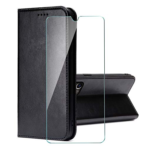 PZEMIN Hülle für Motorola Moto E40 (6.5") + 1x Panzerglas Schutzfolie Film Displayschutzfolie - Handyhülle Brieftasche flip Lederhülle Schutzhülle [Versteckt Magnet] Hülle (Schwarz) von PZEMIN