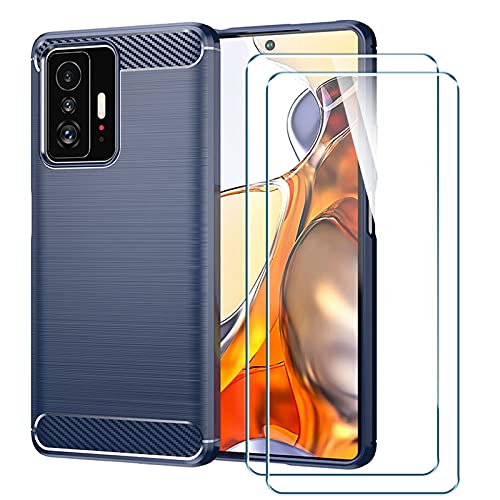 PZEMIN Hülle für Motorola Moto E40 Silikon TPU Cover Bumper Kohlefaser Soft Schutzhülle (6.5") + HD Gehärtetes Glas Film Protection (1 Dunkelblau Handyhülle,2 Stück Displayschutz) von PZEMIN