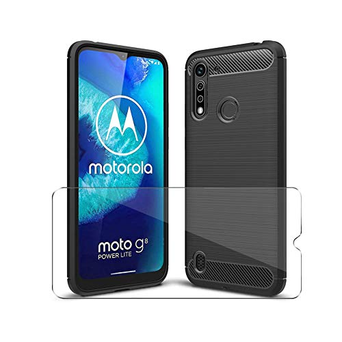 PZEMIN Hülle für Motorola Moto G8 Power Lite Silikon TPU Cover Bumper Kohlefaser Soft Schutzhülle (6.5") + HD Gehärtetes Glas Film Protection (1 Schwarz Handyhülle,1 Stück Displayschutz) von PZEMIN