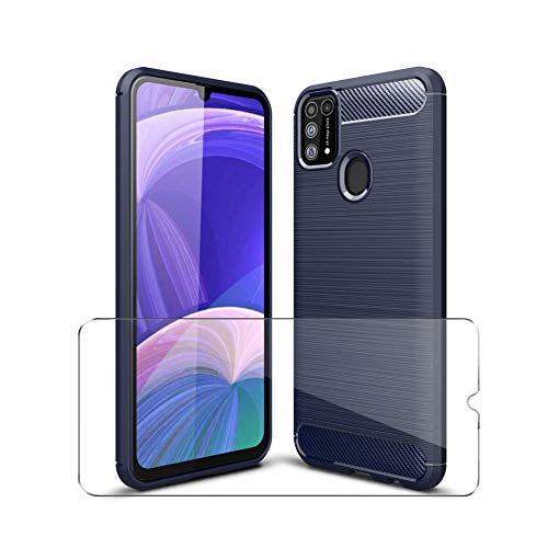 PZEMIN Hülle für Samsung Galaxy M31 Silikon TPU Cover Bumper Kohlefaser Soft Schutzhülle (6.4") + HD Gehärtetes Glas Film Protection (1 Dunkelblau Handyhülle,2 Stück Displayschutz) von PZEMIN