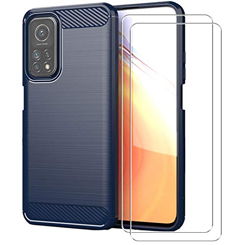 PZEMIN Hülle für Xiaomi Mi 10T Pro 5G Silikon TPU Cover Bumper Kohlefaser Soft Schutzhülle (6.67") + HD Gehärtetes Glas Film Protection (1 Dunkelblau Handyhülle,2 Stück Displayschutz) von PZEMIN