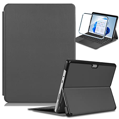 PZEMIN für Microsoft Surface Go 3 (10.5") Etui Hülle + Panzerglas Schutzfolie Displayschutzfolie - Flip Lederhülle Ledertasche Leder Schale PU Case Cover Schutz (Gray) von PZEMIN