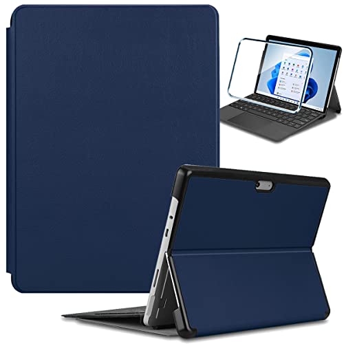 PZEMIN für Microsoft Surface Pro 8 (13") Etui Hülle + Panzerglas Schutzfolie Displayschutzfolie - Flip Lederhülle Ledertasche Leder Schale PU Case Cover Schutz (DarkBlue) von PZEMIN