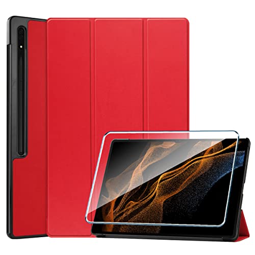 PZEMIN für Samsung Galaxy Tab S8 Ultra (14.6") Etui Hülle + Panzerglas Schutzfolie Displayschutzfolie - Flip Lederhülle Ledertasche Leder Schale PU Case Cover Schutz (Red) von PZEMIN