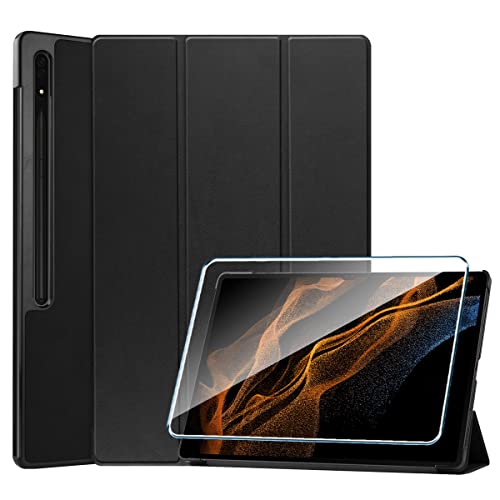 PZEMIN für Samsung Galaxy Tab S8 Ultra (14.6") Etui Hülle + Panzerglas Schutzfolie Displayschutzfolie - Flip Lederhülle Ledertasche Leder Schale PU Case Cover Schutz (Schwarz) von PZEMIN