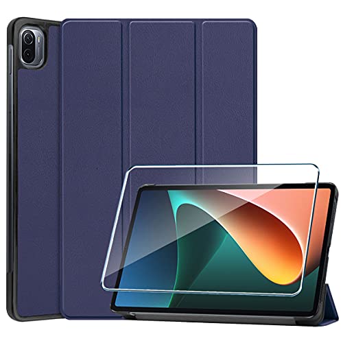 PZEMIN für Xiaomi Pad 5 / Xiaomi Pad 5 Pro Etui Hülle + Panzerglas Schutzfolie Displayschutzfolie - Flip Lederhülle Ledertasche Leder Schale PU Case Cover Schutz (DarkBlue) von PZEMIN