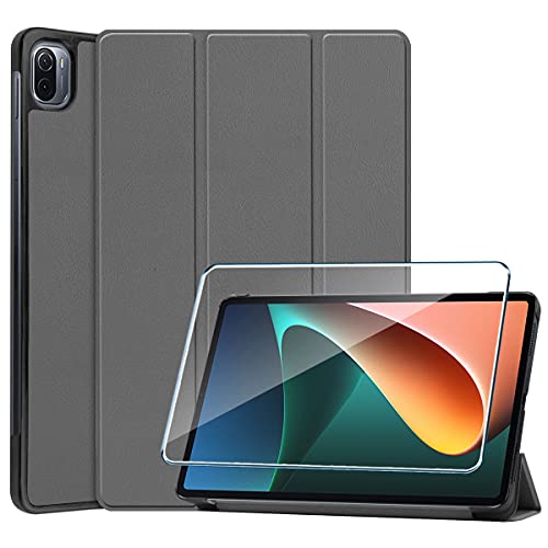 PZEMIN für Xiaomi Pad 5 / Xiaomi Pad 5 Pro Etui Hülle + Panzerglas Schutzfolie Displayschutzfolie - Flip Lederhülle Ledertasche Leder Schale PU Case Cover Schutz (Gray) von PZEMIN