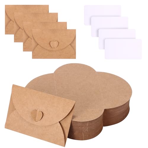 PZJFH 100 Stück Kraftpapier Umschläge mit 100 Blanko Papier Karten, Briefumschläge Kraftpapier mit Herz Verschluss, Mini Briefumschläge für DIY Geschenkkarten Party Einladung von PZJFH