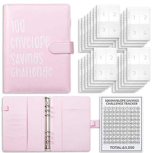 PZJFH 100-Tage-Umschläge, Geldspar-Challenge, A5, Spar-Challenge-Binder, Budgetbuch mit Magnetknopf und Karten-Organizer-Tasche (Rosa) von PZJFH