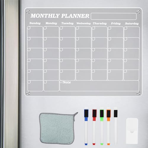 PZJFH Acryl Kalender für Kühlschrank，Magnetisch Wochenplaner Monatsplaner Abwischbar，Kühlschrank Planer Magnetisch，Acrylic Calender Set，Planungstafeln，Haushaltsplaner，Memoboard mit 5 Farbigen Markern von PZJFH