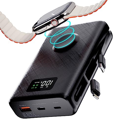 PZOZ 2-in-1 Externer Akku für Phone/Apple Watch, tragbar, 20.000 mAh, Schnellladung, 20 W, PD 3.0 & QC 3.0, 22,5 W, Powerbank, kompatibel mit iPhone 15 Plus Pro Max 14 13 Pro Max Samsung (schwarz) von PZOZ