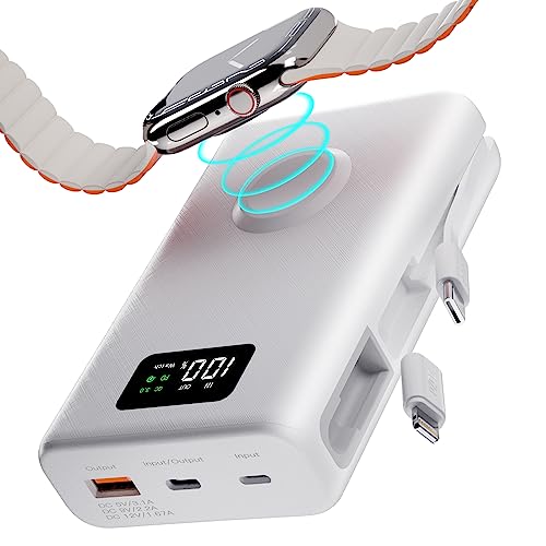 PZOZ 2-in-1 Externer Akku für Phone/Apple Watch, tragbar, 20.000 mAh, Schnellladung, 20 W, PD 3.0 & QC 3.0, 22,5 W, Powerbank, kompatibel mit iPhone 15 Plus Pro Max 14 13 Pro Max Samsung (weiß) von PZOZ