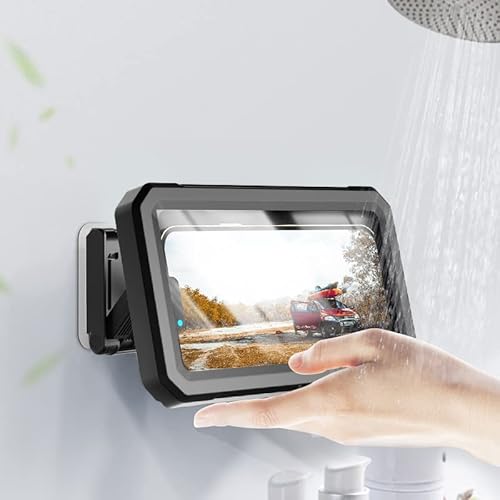 PZOZ Dusch-Handyhalterung, 360° drehbar und 145° Winkel, wasserdicht, Badezimmer-Wandhalterung, Ständer, PET-Displayschutzfolie für iPhone 13 Pro Max/12 Mini/11/XR/XS Samsung Galaxy (schwarz) von PZOZ