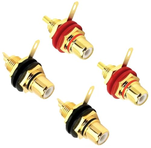 Paccs 4 Cinch Einbaubuchse female vergoldet mit Farbkenringe in ROT & SCHWARZ, Gold RCA Lötkontakte Kupplung Buchse weiblich von Paccs