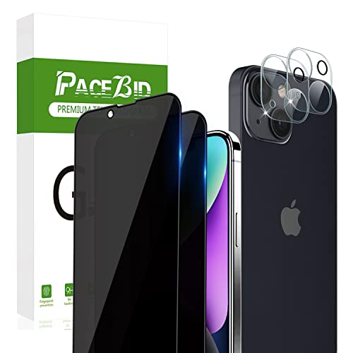 PaceBid Privacy Schutzfolie Kompatibel mit iPhone 14, 2 Stück Blickschutzfolie + 2 Stück Kamera Glasfolie [Full Coverage] [Anti-Scratch] [9H Härte] Anti-Spy Displayschutzfolie für iPhone 14 von PaceBid
