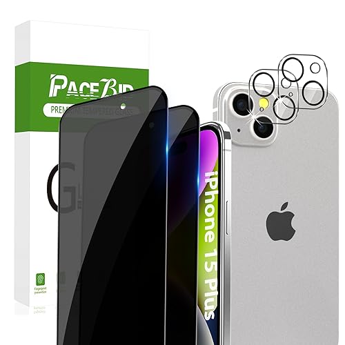 PaceBid Privacy Schutzfolie für iPhone 15 Plus 6,7" Panzer Schutz Blickschutzfolie Kamera Glasfolie [2+2Stück] Full Coverage Anti-Scratch 9H Härte Anti-Spy Displayschutzfolie für iPhone 15 Plus von PaceBid