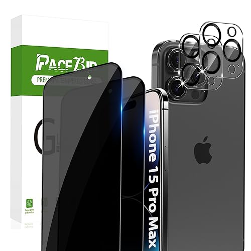 PaceBid Privacy Schutzfolie für iPhone 15 Pro Max 6,7" Panzer Schutz Blickschutzfolie Kamera Glasfolie [2+2Stück] Full Coverage Anti-Scratch 9H Härte Anti-Spy Displayschutzfolie für iPhone 15 Pro Max von PaceBid