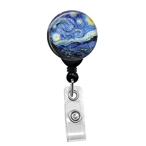 Vincent Van Gogh – Die Sternennacht – Retractable Badge Reel – ID Namensschild Custom Badge Holder (schwarz Ausweishalter mit Spring Pinch Clip) (Badge Reel mit Gürtel Slide schwarz Clip) Black Badge Reel with Spring Pinch Clip von Pacific Impressions Gifts