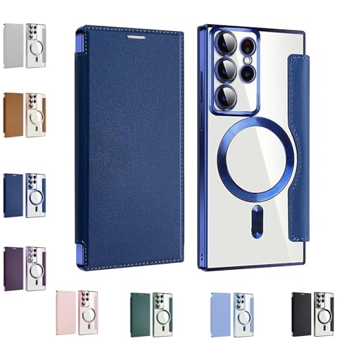 2024 New Leather Textured Flip Phone Case for Samsung S23/S22 Ultra Plus, with Camera Lens Protector and Credit Card Holder (for Samsung S24Ultra,Dark Blue) von PacuM