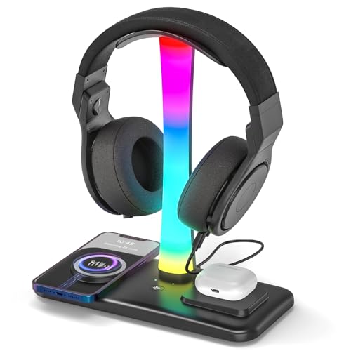 Padwa Lifestyle Gaming Headset Halterung, Headset Ständer mit 7 Beleuchtungseffekt Modi, Kopfhörer Halterung mit 1 USB Anschluss und 2 Typ C Anschlüssen, Headset Halterung mit Drahtloser Aufladung Padwa Lifestyle Gaming Headset Halterung, Headset Ständer mit 7 Beleuchtungseffekt Modi, Kopfhörer Halterung mit 1 USB Anschluss und 2 Typ C Anschlüssen, Headset Halterung mit Drahtloser Aufladung von Padwa Lifestyle