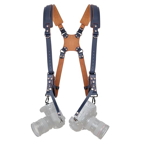 Padwa Lifestyle Blauer Dual-Kamera-Gurt für zwei Kameras, Dual-Schulter-Vollnarbenleder-Geschirr, Multi-Doppel-Kamera-Ausrüstung für DSLR/SLR-Gurt, Doppel-Kamera-Gurt für Fotografen von Padwa Lifestyle
