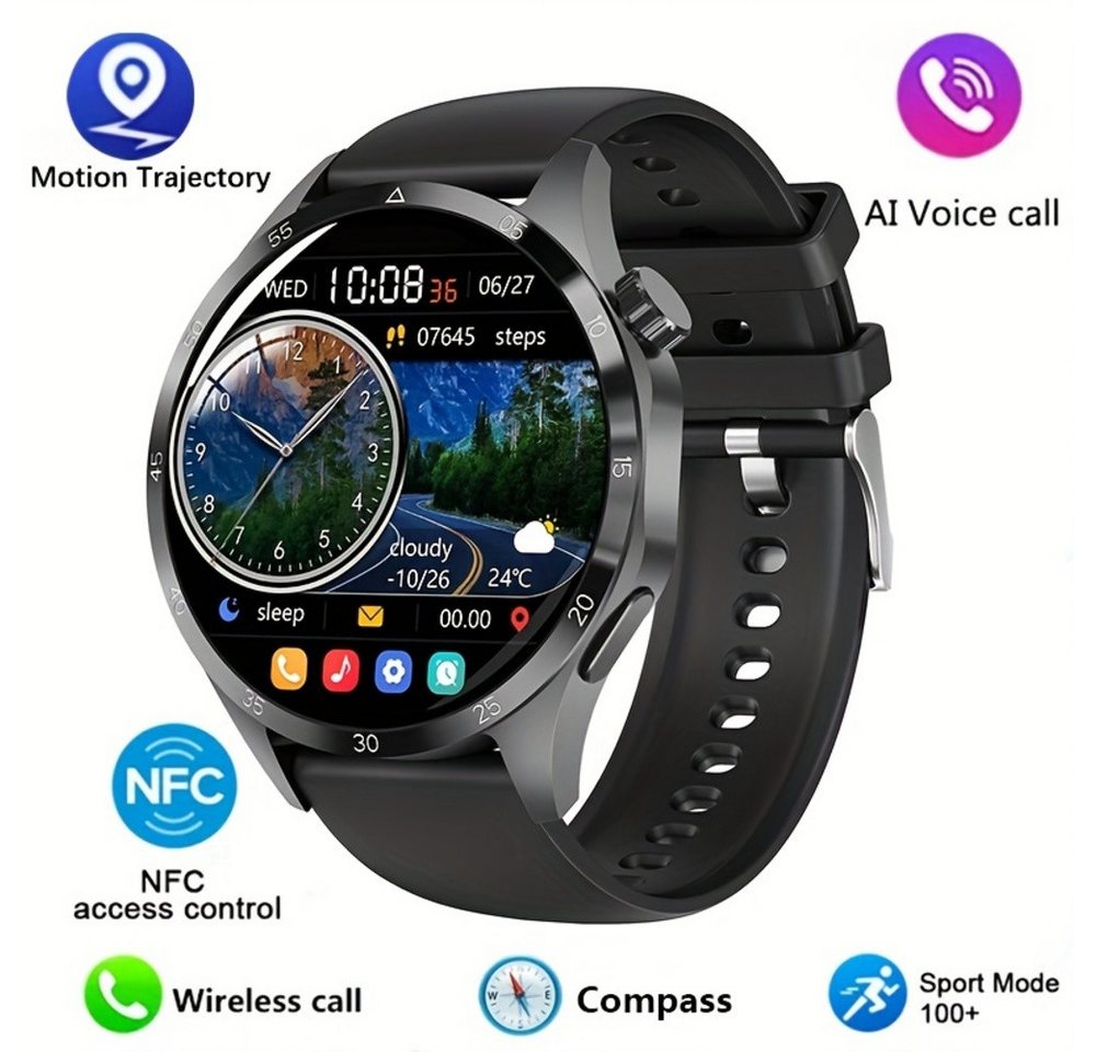 Paearofero 2024 Neue NFC Für Männer, Smartwatch (1.53 Zoll, Andriod iOS), mit GPS-Bewegungsbahn 360*360 HDBildschirm AI-Sprache drahtloser Anruf von Paearofero