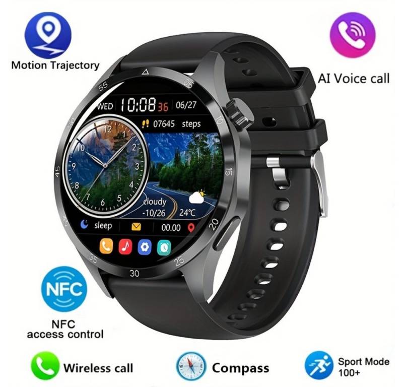 Paearofero 2024 Neue NFC Für Männer, Smartwatch (1.53 Zoll, Andriod iOS), mit GPS-Bewegungsbahn 360*360 HDBildschirm AI-Sprache drahtloser Anruf von Paearofero
