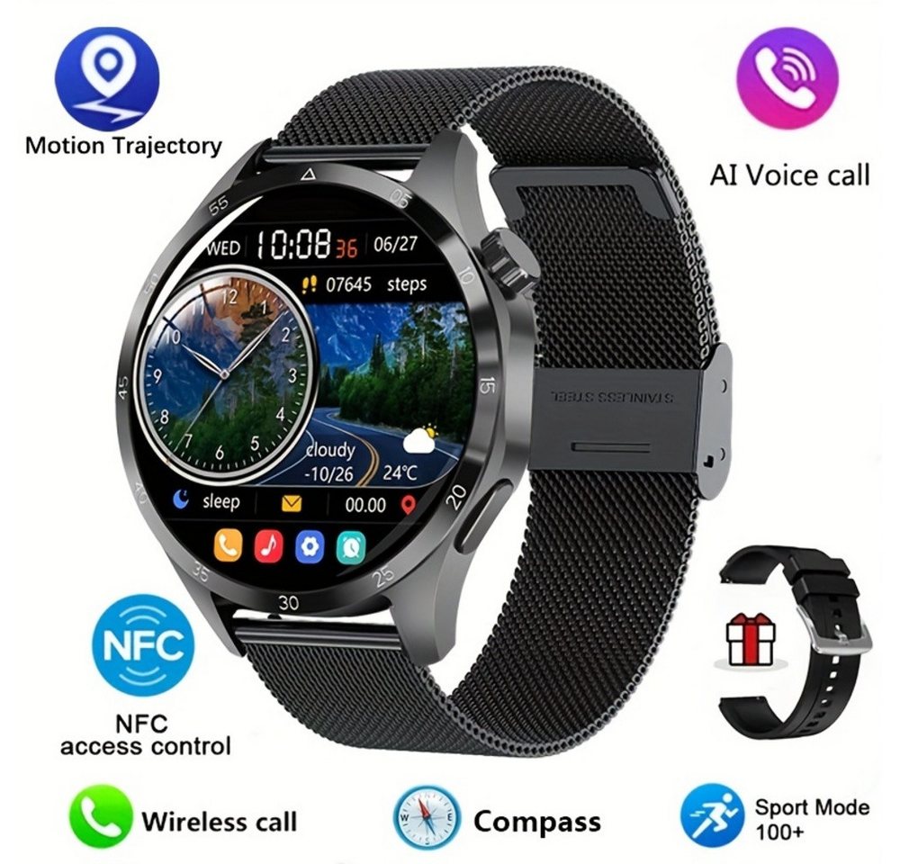 Paearofero 2024 Neue NFC Für Männer, Smartwatch (1.53 Zoll, Andriod iOS), mit GPS-Bewegungsbahn 360*360 HDBildschirm AI-Sprache drahtloser Anruf von Paearofero