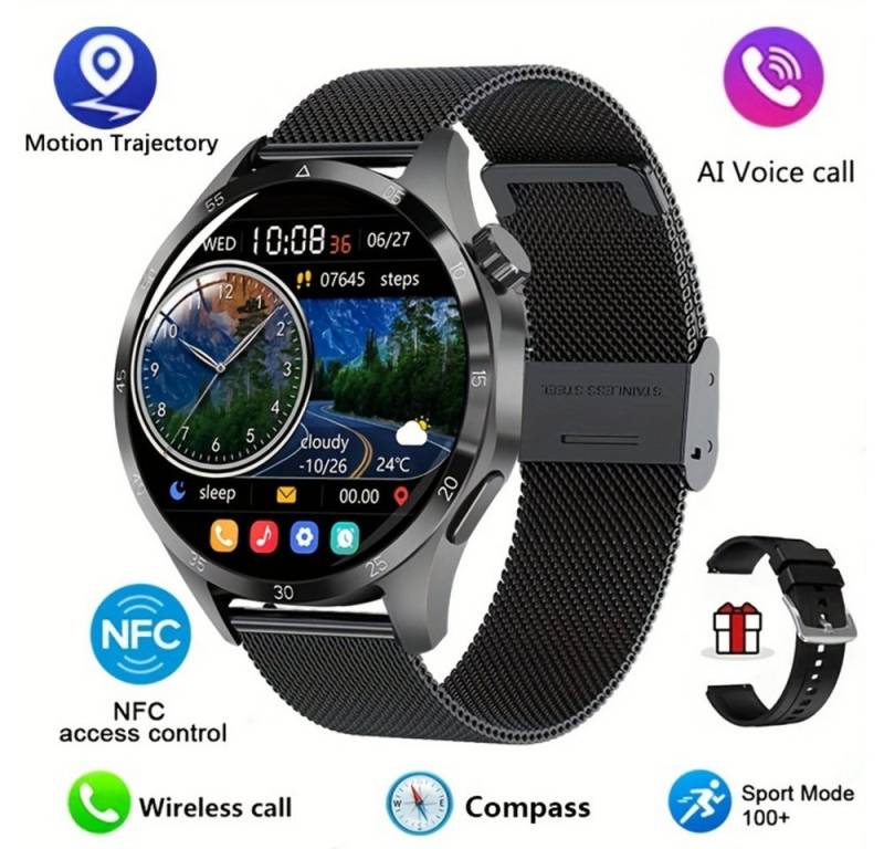 Paearofero 2024 Neue NFC Für Männer, Smartwatch (1.53 Zoll, Andriod iOS), mit GPS-Bewegungsbahn 360*360 HDBildschirm AI-Sprache drahtloser Anruf von Paearofero