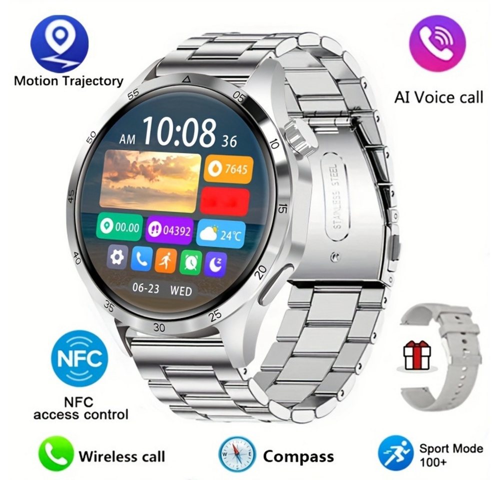 Paearofero 2024 Neue NFC Für Männer, Smartwatch (1.53 Zoll, Andriod iOS), mit GPS-Bewegungsbahn 360*360 HDBildschirm AI-Sprache drahtloser Anruf von Paearofero
