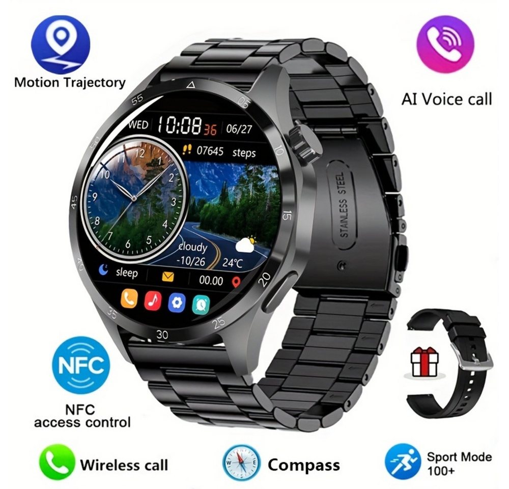 Paearofero 2024 Neue NFC Für Männer, Smartwatch (1.53 Zoll, Andriod iOS), mit GPS-Bewegungsbahn 360*360 HDBildschirm AI-Sprache drahtloser Anruf von Paearofero