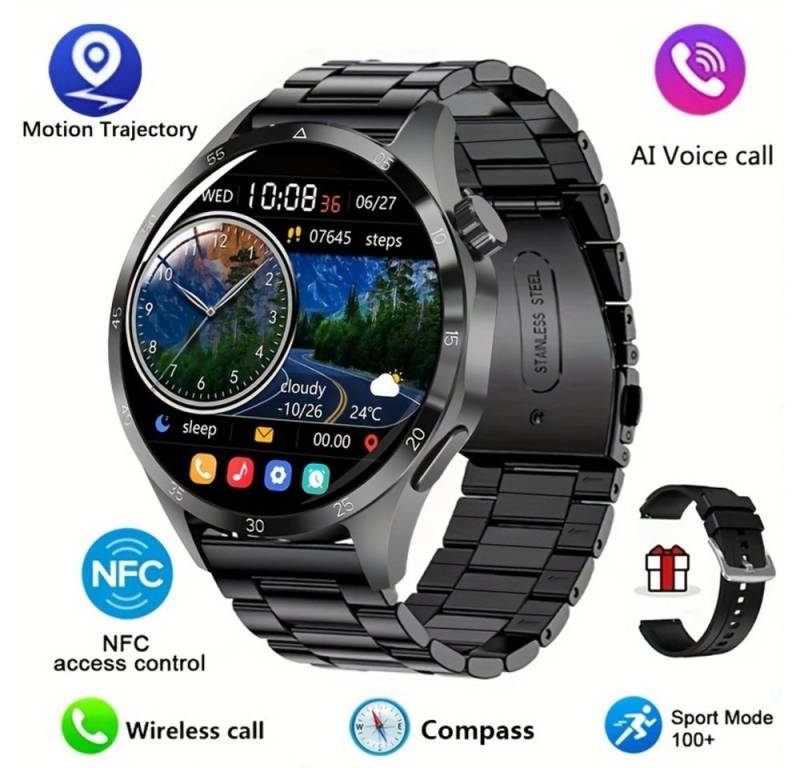 Paearofero 2024 Neue NFC Für Männer, Smartwatch (1.53 Zoll, Andriod iOS), mit GPS-Bewegungsbahn 360*360 HDBildschirm AI-Sprache drahtloser Anruf von Paearofero