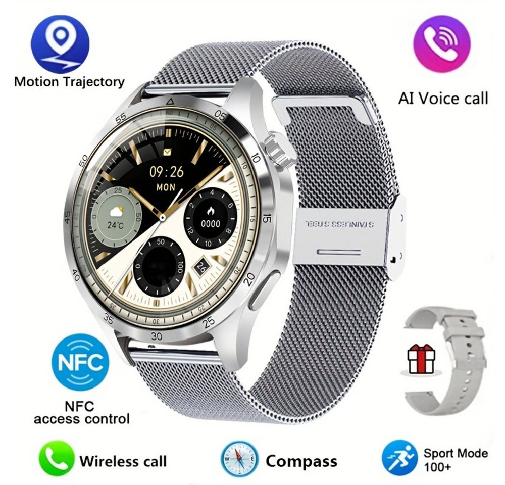 Paearofero 2024 Neue NFC Für Männer, Smartwatch (1.53 Zoll, Andriod iOS), mit GPS-Bewegungsbahn 360*360 HDBildschirm AI-Sprache drahtloser Anruf von Paearofero