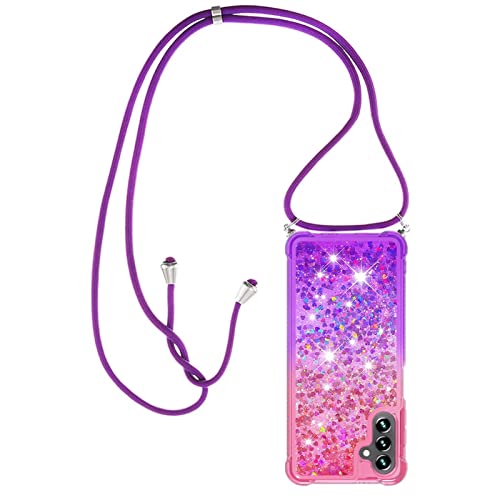 Paekear Handykette für Samsung Galaxy A13 5G / A04S Hülle, Smartphone Necklace Glitzer Transparent Silikonhülle mit Band - Handyhülle Cover Case mit Stylische Kette zum umhängen, Pink & Lila von Paekear